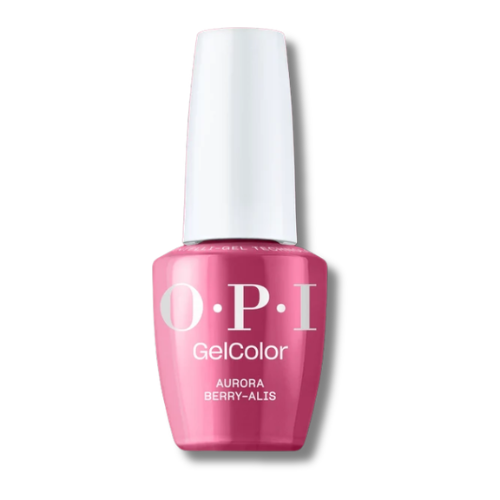 OPI GelColor Aurora Berry-Alis gel nail polish in a pink bottle with a white cap, shown on a white background.