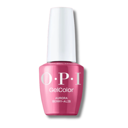 OPI GelColor Aurora Berry-Alis gel nail polish in a pink bottle with a white cap, shown on a white background.