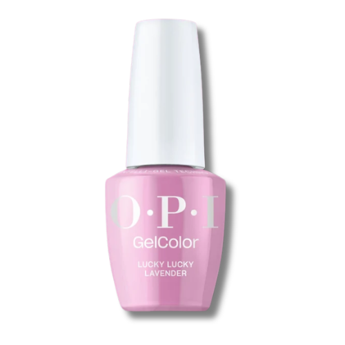 OPI GelColor nail polish in the shade Lucky Lucky Lavender, featuring a light pink bottle and a white cap on a white background.