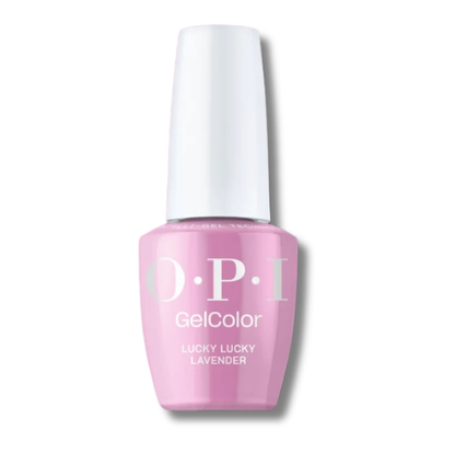 OPI GelColor nail polish in the shade Lucky Lucky Lavender, featuring a light pink bottle and a white cap on a white background.