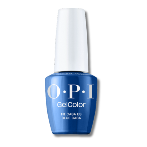 OPI GelColor nail polish in the shade 'Mi Casa Es Blue Casa' (Blue House), featuring a vibrant medium blue bottle with a white cap, shown on a clean white background.