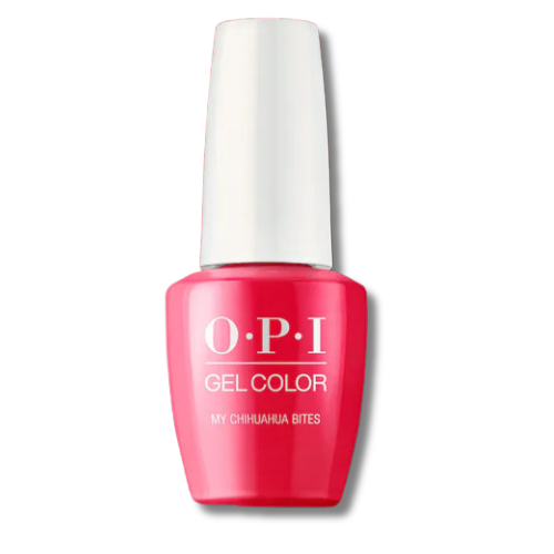 OPI Gel Color nail polish in the shade 'My Chihuahua Bites', featuring a bright pink bottle with a white cap on a white background.