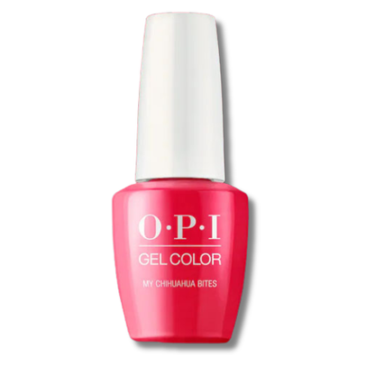 OPI Gel Color nail polish in the shade 'My Chihuahua Bites', featuring a bright pink bottle with a white cap on a white background.