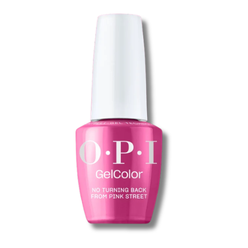 OPI GelColor nail polish in the shade 'No Turning Back From Pink Street', featuring a vibrant pink bottle with a white cap on a white background.