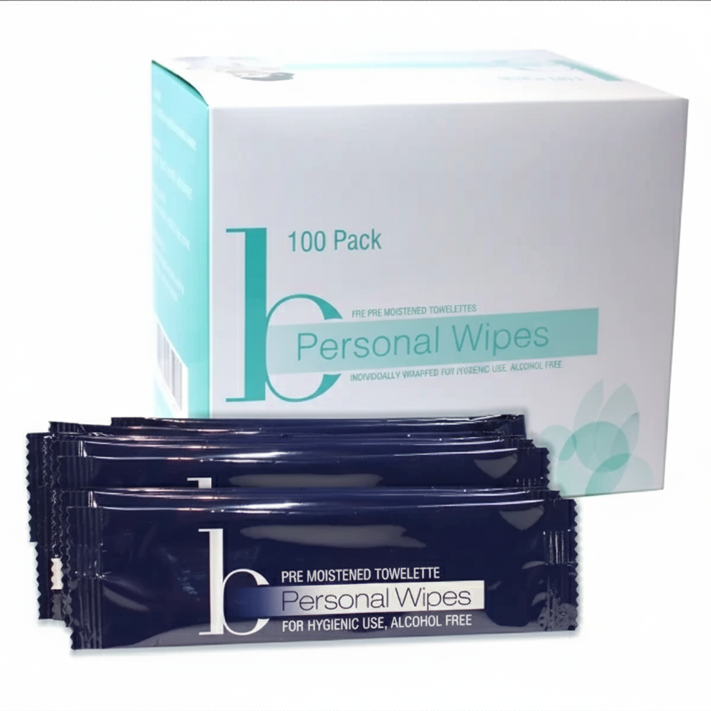 Box of 100 Personal Wipes with individual packets on a white background