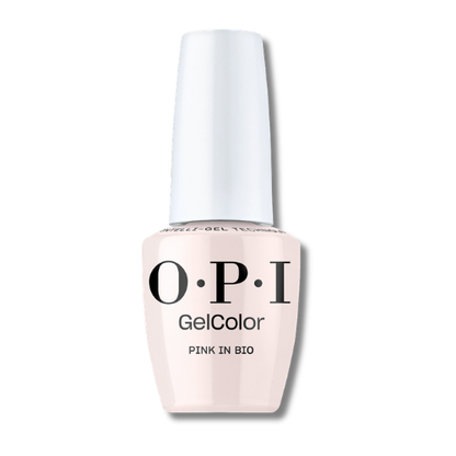 OPI GelColor nail polish in the shade Pink In Bio, featuring a pale pink bottle and a white cap, shown on a white background with a soft shadow.