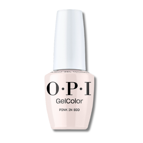 OPI GelColor nail polish in the shade Pink In Bio, featuring a pale pink bottle and a white cap, shown on a white background with a soft shadow.