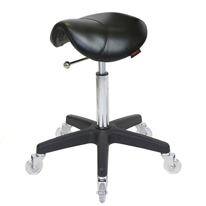 Black saddle-style stool with wheels on a white background