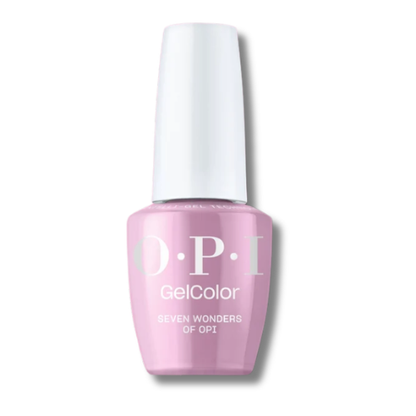 OPI GelColor nail polish in the shade Lucky Lucky Lavender, featuring a light pink bottle and a white cap on a white background.
