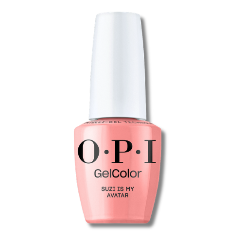 OPI GelColor nail polish in the shade 'Suzi Is My Avatar', featuring a coral pink bottle and a white cap, shown on a clean white background.