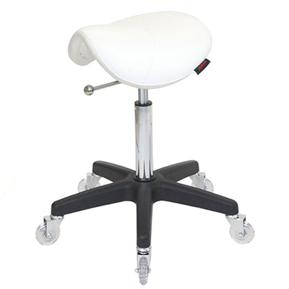 White saddle seat stool with black base and wheels on a white background