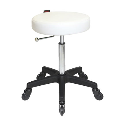 White stool with black base and wheels on a white background