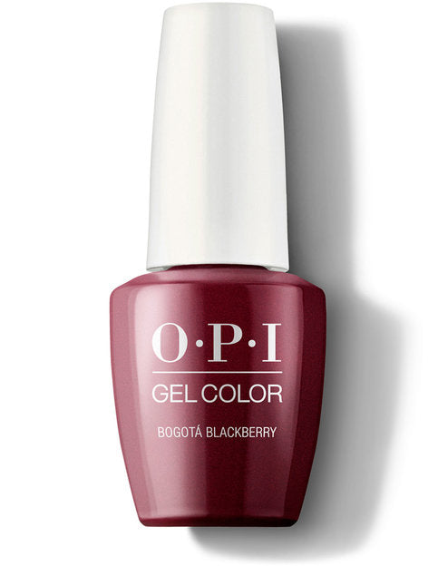 A bottle of O.P.I Gelcolor Bogota Blackberry nail polish with a glossy finish.